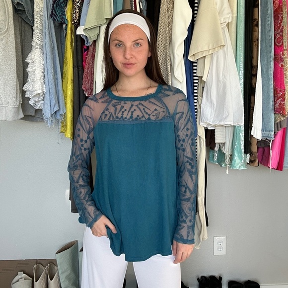 Free People Tops - Free People Teal Sheer Lace Top